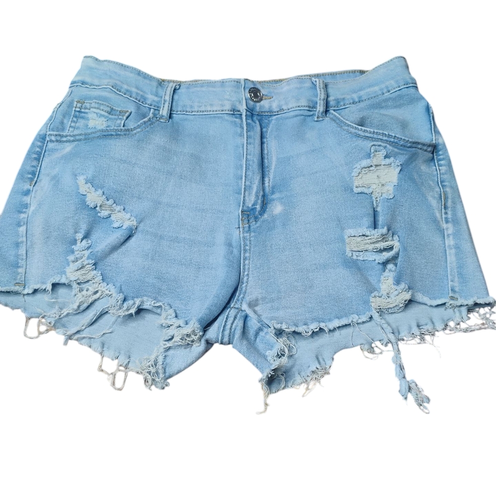 SHEIN Women's Size Large Stretch Distressed Blue Denim Jean SHORT Shorts MidRise